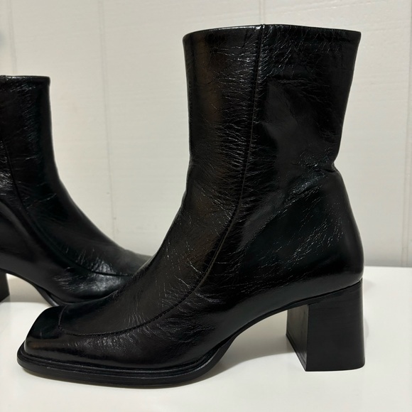 Women’s Black Leather ASOS Square Toe Side Zipper Chunky Block Heel Ankle Boots - Picture 6 of 10